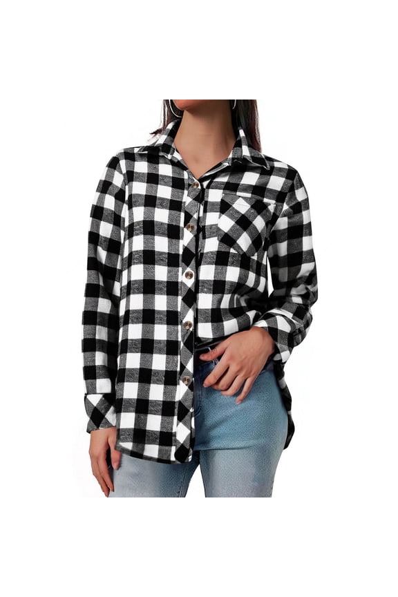 Women's Oversized Buffalo Plaid Flannel Long Sleeve Blouse Button Down Collared Tunic Top with Chest Pocket Black M