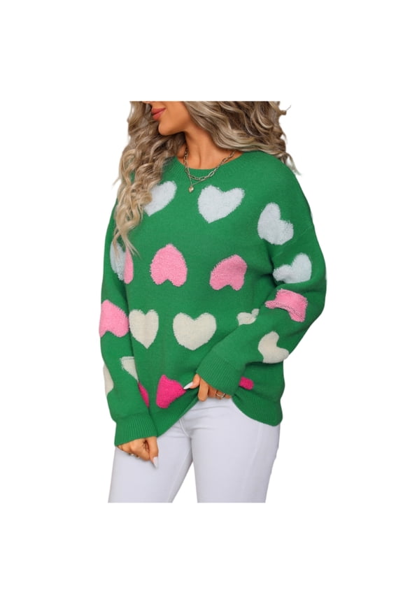 Women's Oversized Crew Neck Pink White Fuzzy Heart Knit Sweater Valentine's Day Soft Top Green M