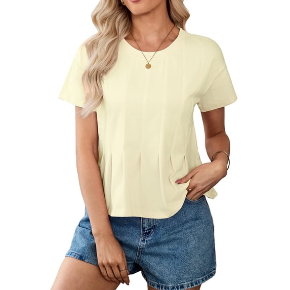 LWavelet Women's Pleated Blouse Short Sleeve Tops Round Neck Casual Loose Fit Summer Basic Tee Yellow L
