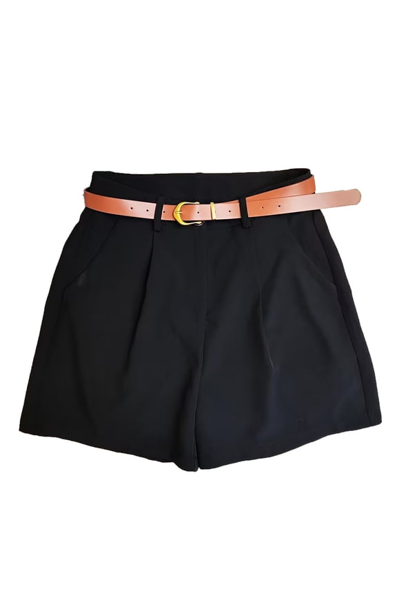 Women's Pleated Shorts with Belt High Waisted Casual Summer Shorts Black S