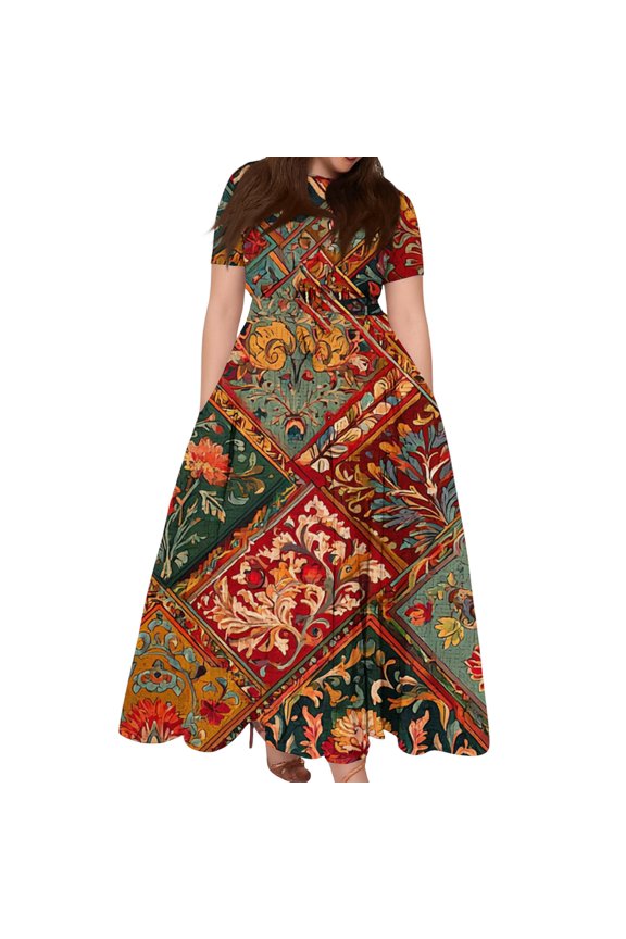 Women's Plus Size Bohemian Patchwork Maxi Dress Short Sleeve Tie Waist Casual Ethnic Dress with Pockets Red 3XL