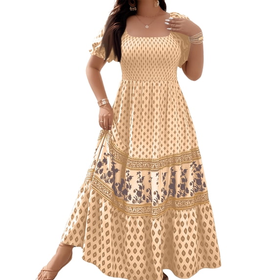 LWavelet Women's Plus Size Boho Maxi Dress Puff Sleeve Square Neck Smocked Geometric Print Dress Khaki XL