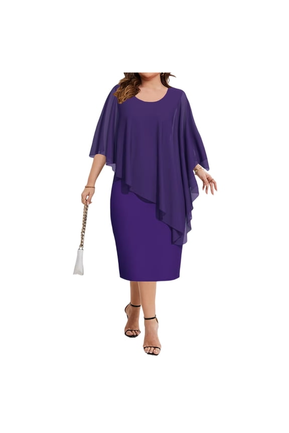 Women's Plus Size Cape Overlay Dress Half Sleeve Round Neck Chiffon Overlay Bodycon Midi Dress Purple 2XL