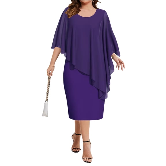 LWavelet Women's Plus Size Cape Overlay Dress Half Sleeve Round Neck Chiffon Overlay Bodycon Midi Dress Purple 2XL