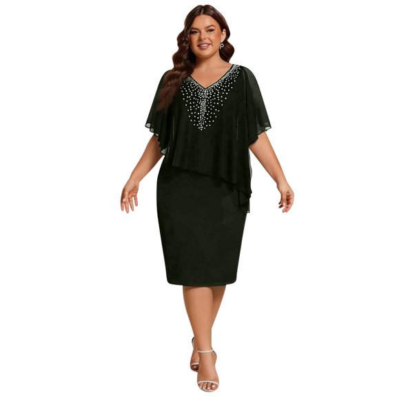 LWavelet Women's Plus Size Cocktail Dress Chiffon Cape Overlay Rhinestone V-Neck Bodycon Midi Dress Green 3XL