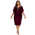 thumbnail image 1 of LWavelet Women's Plus Size Cocktail Dress Chiffon Cape Overlay Rhinestone V-Neck Bodycon Midi Dress Wine 4XL, 1 of 4
