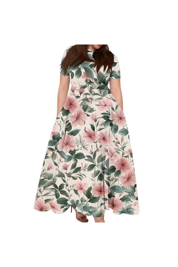 Women's Plus Size Ditsy Floral Maxi Dress Short Sleeve Tie Waist Casual Cute Dress with Pockets Blue 3XL