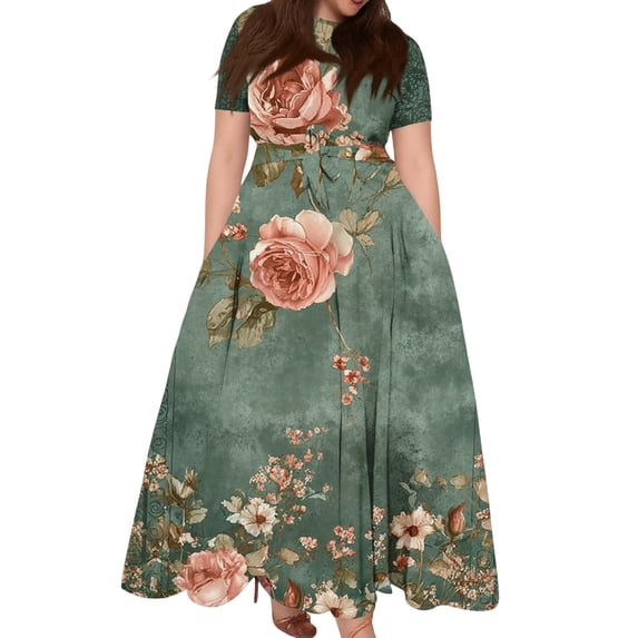 LWavelet Women's Plus Size Floral Maxi Dress Short Sleeve Tie Waist Casual Boho Flowy Dress with Pockets Purple 2XL
