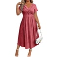 thumbnail image 1 of LWavelet Women's Plus Size Midi Dress Short Sleeve V-Neck Criss Cross Waist Pleated Casual Dress Watermelon Red L, 1 of 4