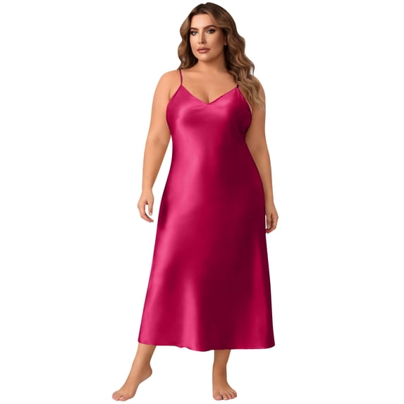 LWavelet Women's Plus Size Satin Slip Dress Spaghetti Strap V-Neck Elegant Nightgown Maxi Dress Wine 5XL