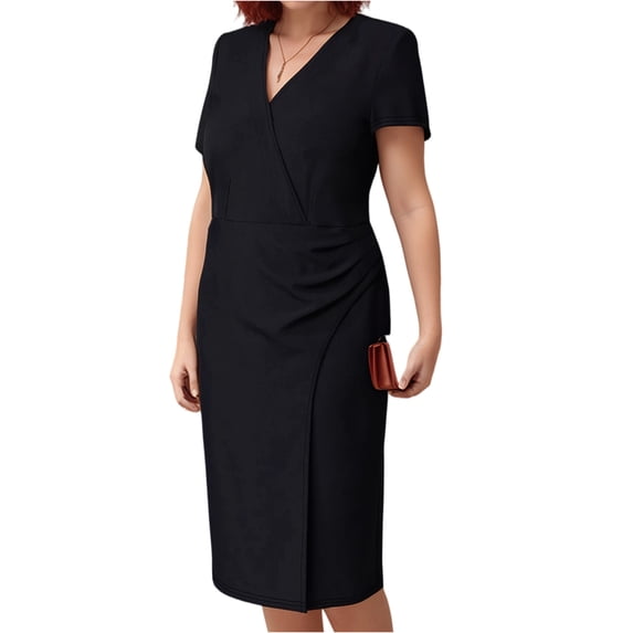LWavelet Women's Plus Size Sheath Dress Short Sleeve V-Neck Wrap Ruched Bodycon Midi Dress Black 2XL