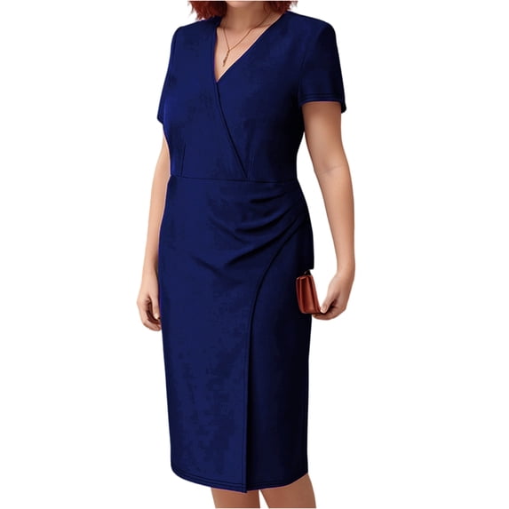 LWavelet Women's Plus Size Sheath Dress Short Sleeve V-Neck Wrap Ruched Bodycon Midi Dress Blue 5XL