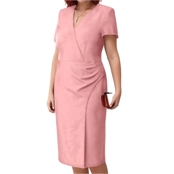 LWavelet Women's Plus Size Sheath Dress Short Sleeve V-Neck Wrap Ruched Bodycon Midi Dress Pink 3XL