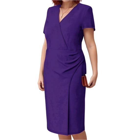 LWavelet Women's Plus Size Sheath Dress Short Sleeve V-Neck Wrap Ruched Bodycon Midi Dress Purple 5XL