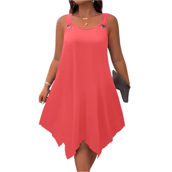 LWavelet Women's Plus Size Sleeveless Dress Spaghetti Strap Asymmetrical Hem Casual Loose Dress Watermelon Red XL