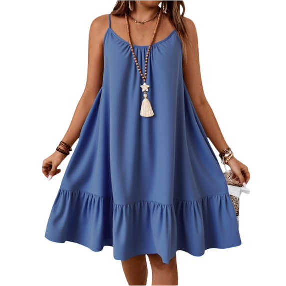 LWavelet Women's Plus Size Spaghetti Strap Dress Ruffle Hem Casual Loose Fit Swing Mini Dress Blue 3XL