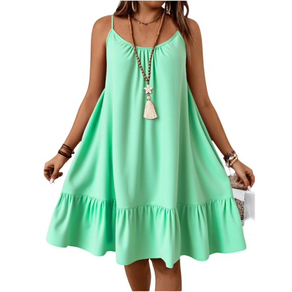 LWavelet Women's Plus Size Spaghetti Strap Dress Ruffle Hem Casual Loose Fit Swing Mini Dress Cyan 5XL