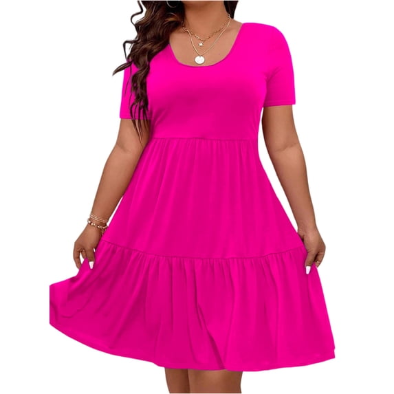 LWavelet Women's Plus Size Tiered Dress Short Sleeve Round Neck Casual Ruffle Hem Mini Dress Pink 2XL