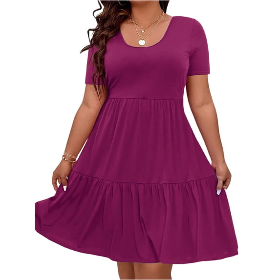 LWavelet Women's Plus Size Tiered Dress Short Sleeve Round Neck Casual Ruffle Hem Mini Dress Wine 3XL