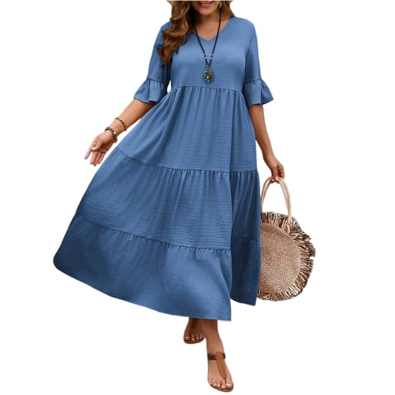 LWavelet Women's Plus Size Tiered Maxi Dress 3/4 Sleeve V-Neck Ruffle Cuff Casual Loose Dress Sky Blue 4XL