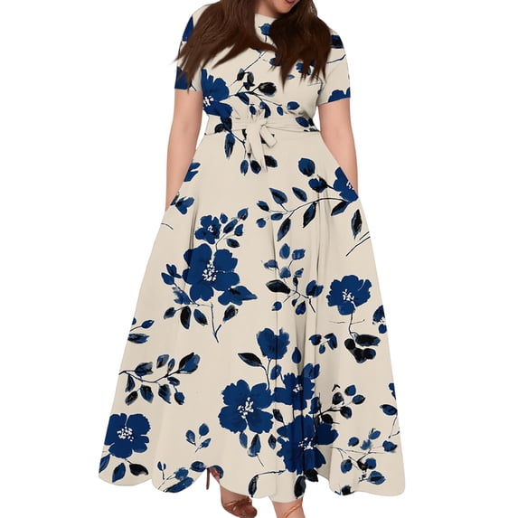 LWavelet Women's Plus Size Vintage Floral Maxi Dress Short Sleeve Tie Waist Casual Retro Boho Dress with Pockets Light pink 3XL