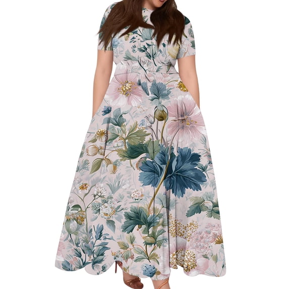 LWavelet Women's Plus Size Vintage Floral Maxi Dress Short Sleeve Tie Waist Casual Retro Boho Dress with Pockets Navy 4XL