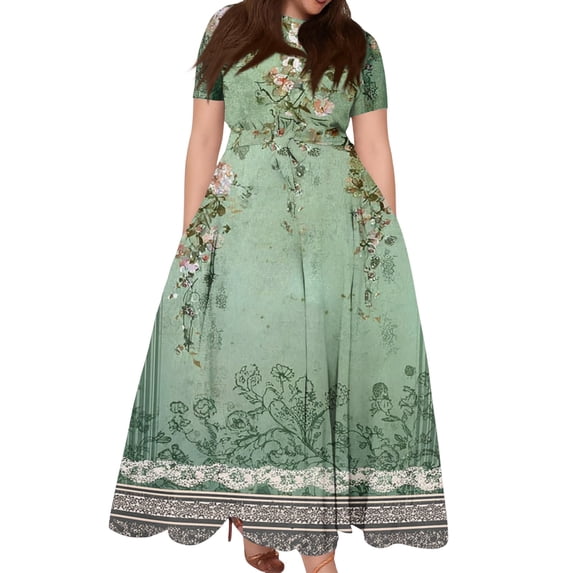 LWavelet Women's Plus Size Vintage Green Maxi Dress Short Sleeve Tie Waist Casual Lace Trim Dress with Pockets Light Green 3XL