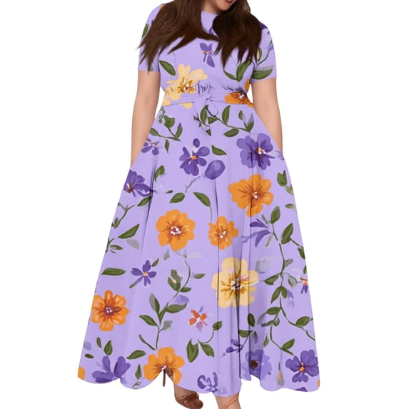 LWavelet Women's Plus Size Vintage Green Maxi Dress Short Sleeve Tie Waist Casual Lace Trim Dress with Pockets Purple 2XL