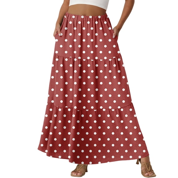 LWavelet Women's Polka Dot Tiered Maxi Skirt, Elastic Waist with Pockets, Cute Summer & Picnic Long Skirt Deep Red L