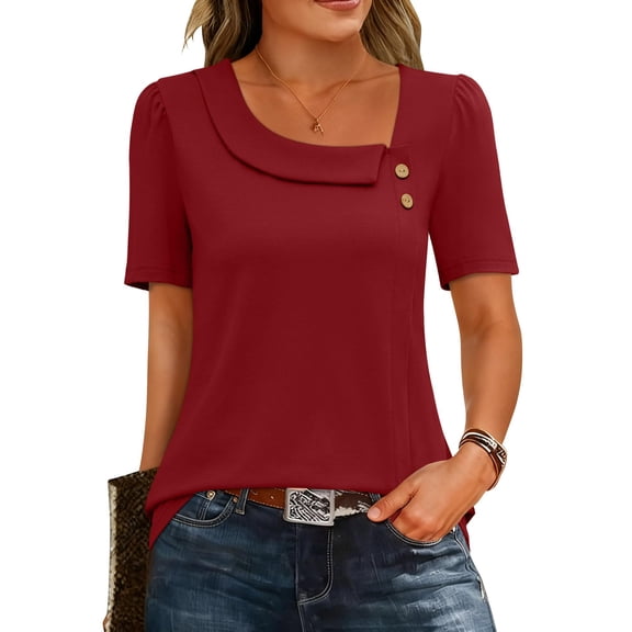 LWavelet Women's Puff Sleeve Blouse Short Sleeve Tops Asymmetrical Neck Button Decor Casual Basic Tee Blue S