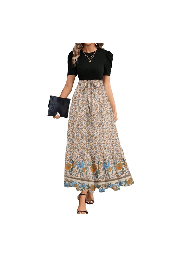 Women's Puff Sleeve Two-Piece Maxi Skirt Set, Ditsy Floral Border Print for Vacation & Summer Wear Beige S