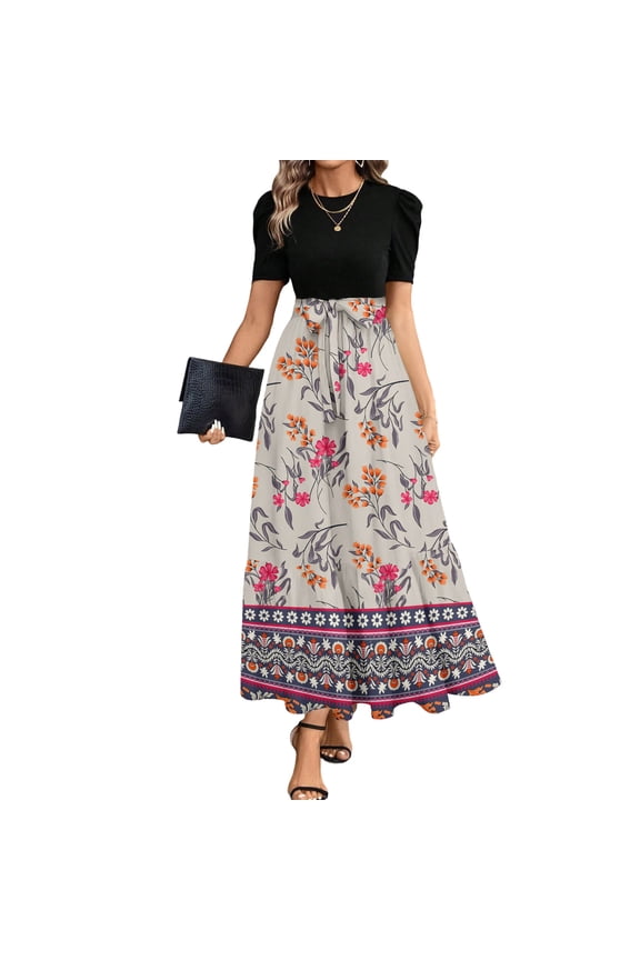 Women's Puff Sleeve Two-Piece Maxi Skirt Set, Ditsy Floral Border Print for Vacation & Summer Wear Pink L