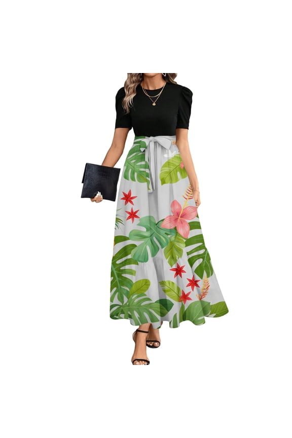Women's Puff Sleeve Two-Piece Maxi Skirt Set, Lemon & Tassel Print for Vacation & Casual Wear Green S