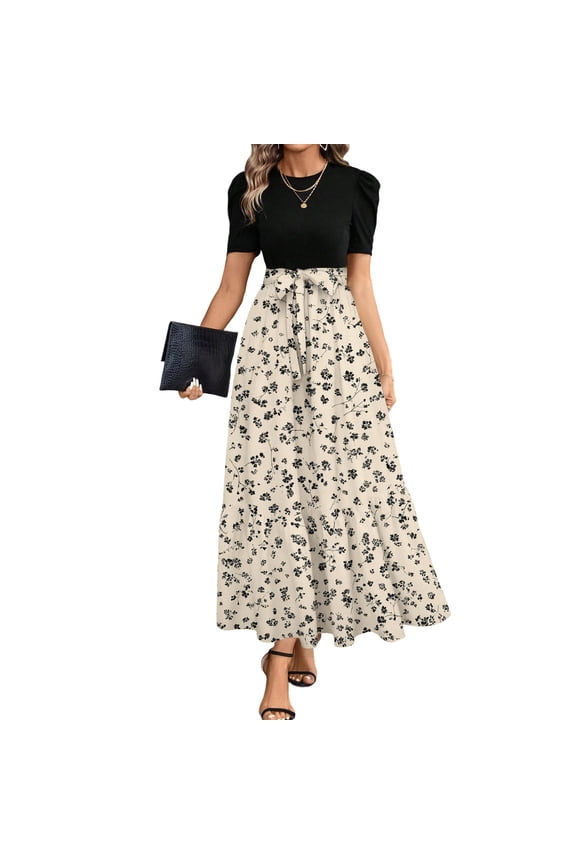 Women's Puff Sleeve Two-Piece Maxi Skirt Set, Pink Floral Print for Vacation & Casual Outfits Khaki S