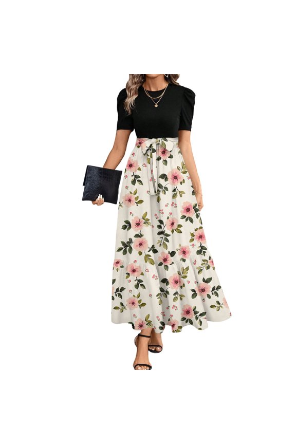 Women's Puff Sleeve Two-Piece Maxi Skirt Set, Pink Floral Print for Vacation & Casual Outfits Light pink S