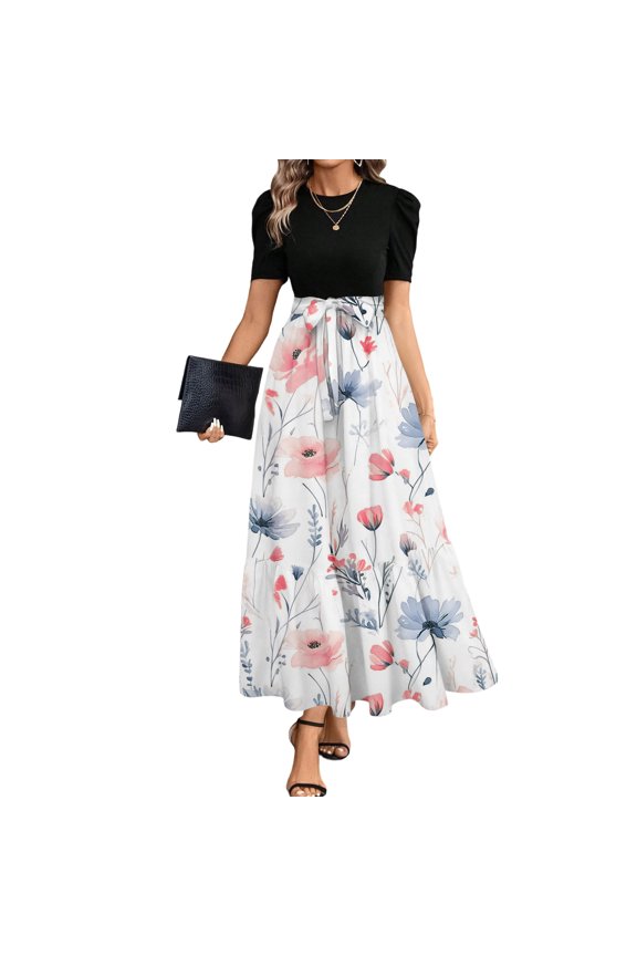 Women's Puff Sleeve Two-Piece Maxi Skirt Set, Pink Floral Print for Vacation & Casual Outfits White S