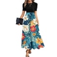 thumbnail image 1 of LWavelet Women's Puff Sleeve Two-Piece Maxi Skirt Set, Surfer Silhouette Print for Vacation & Beach Wear Blue XL, 1 of 5