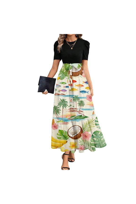 Women's Puff Sleeve Two-Piece Maxi Skirt Set, Tropical Island Print for Vacation & Beach Wear Beige S