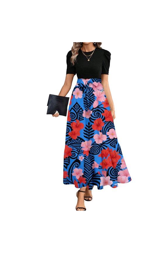 Women's Puff Sleeve Two-Piece Maxi Skirt Set, Tropical Island Print for Vacation & Beach Wear Navy S