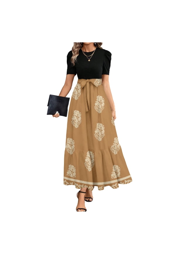 Women's Puff Sleeve Two-Piece Maxi Skirt Set, White Floral Print for Vacation & Casual Outfits Khaki S