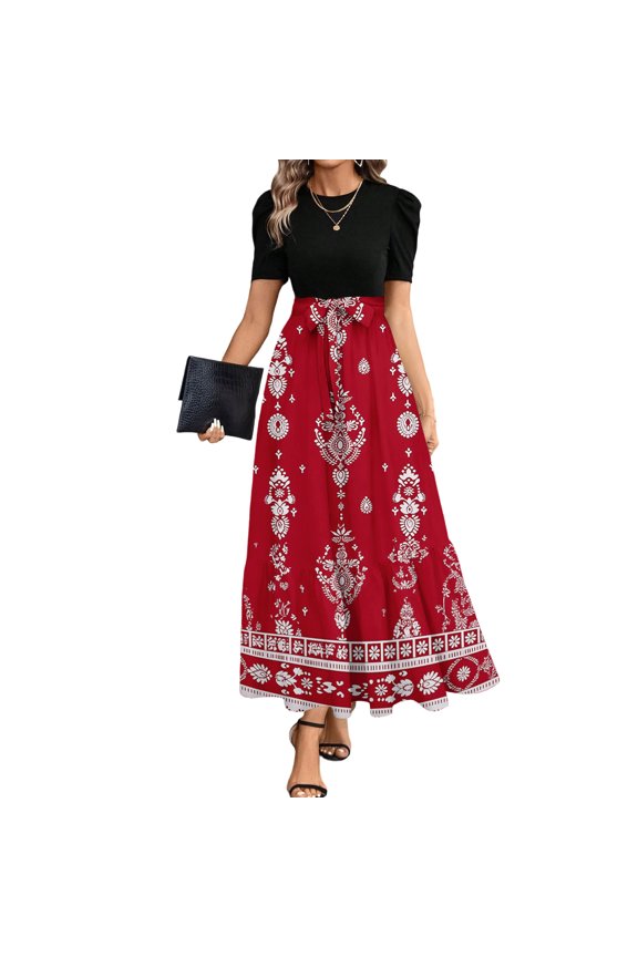 Women's Puff Sleeve Two-Piece Maxi Skirt Set, White Floral Print for Vacation & Casual Outfits Red S