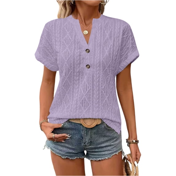 LWavelet Women's Ribbed Knit T-Shirt Short Sleeve Tops V-Neck Casual Slim Fit Lightweight Basic Tee Purple XL