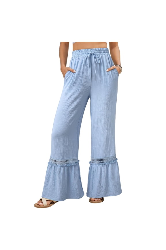 Women's Ruffled Smocked Waist Flare Pants with Lace Trim for Casual & Retro Wear Blue 2XL