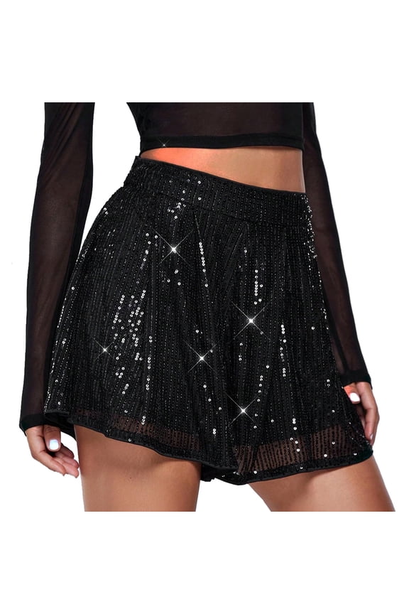 Women's Sequin Pleated Shorts Sparkly Party Summer Shorts Black S