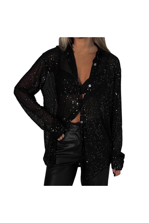 Women's Sheer Sequin Long Sleeve Blouse Button Down Collared Oversized Top for Dressy Occasions Black M
