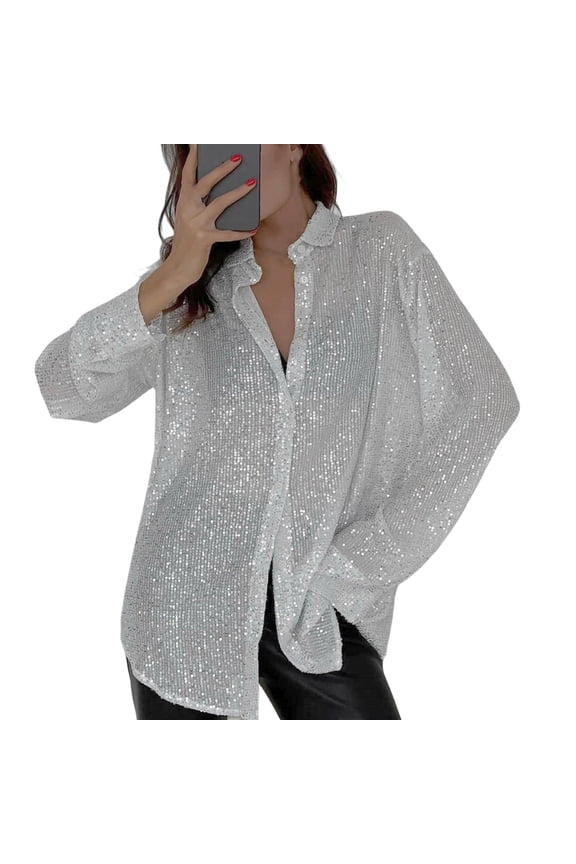 Women's Sheer Sequin Long Sleeve Blouse Button Down Collared Oversized Top for Dressy Occasions Silver M