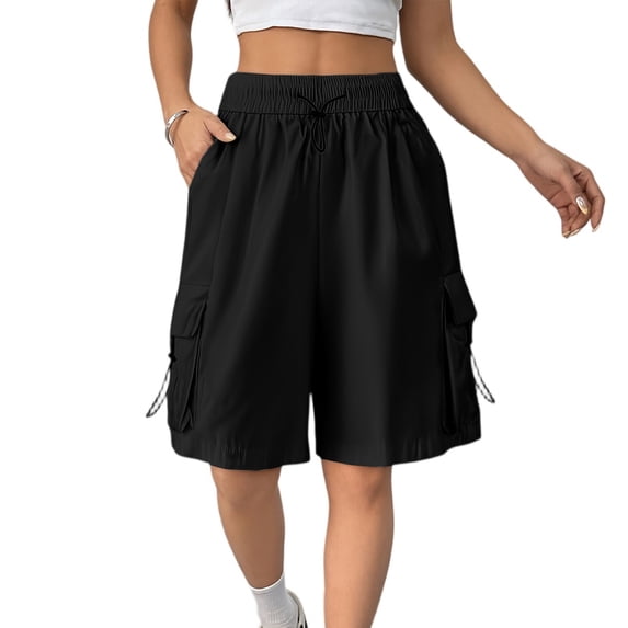 LWavelet Women's Side Drawstring Cargo Shorts Loose Fit Casual Summer Shorts for Outdoor Daily Black M