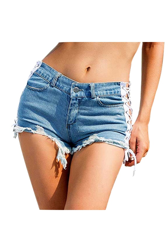 Women's Side Lace Up Denim Shorts Distressed Frayed Summer Shorts Light Blue S