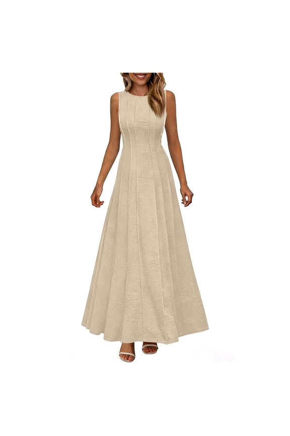 Women's Sleeveless Pleated A-Line Maxi Dress for Formal & Evening Wear Beige L