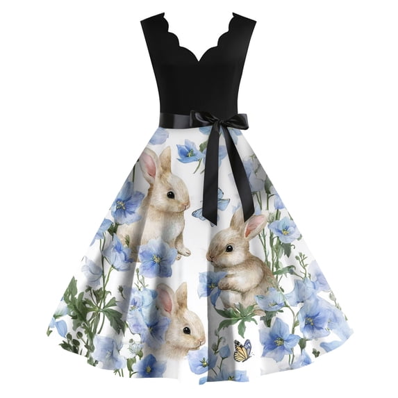 LWavelet Women's Sleeveless Scalloped Neck Fit-and-Flare Dress, Bunny & Easter Egg Print with Satin Bow Belt for Easter & Casual Outfits Light Blue 2XL